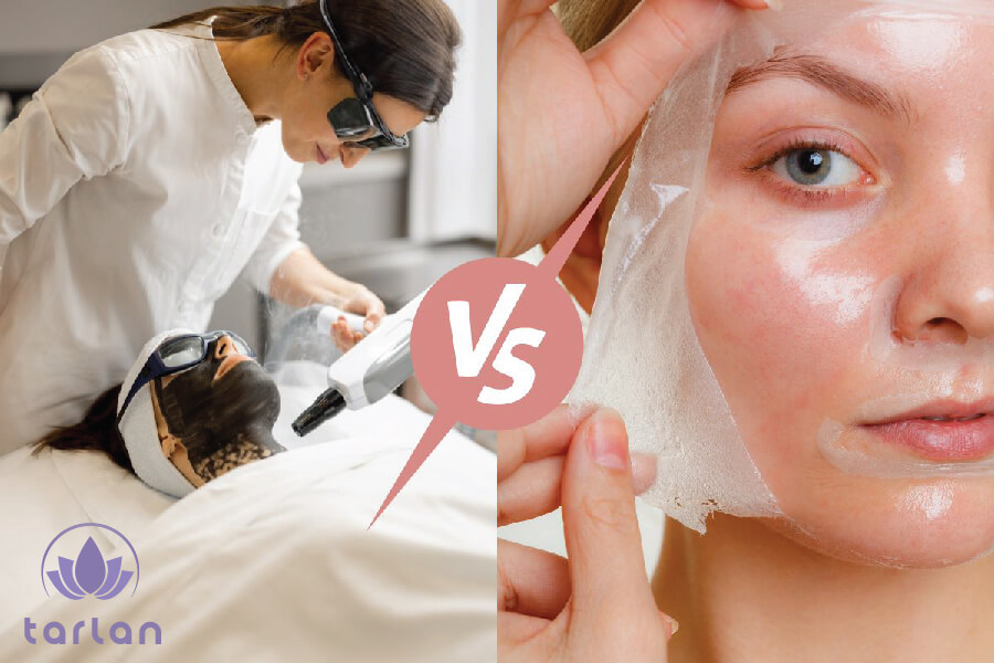 لایه‌برداری شیمیایی پوست صورت یک خانم وسط متخصص به وسیله دستگاه